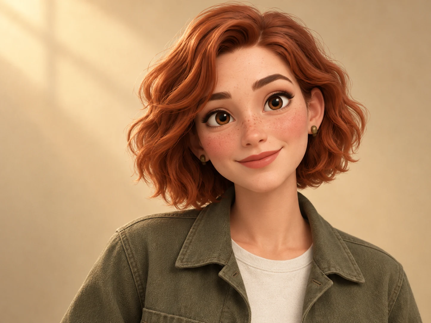 Mara, an original illustrated character with copper-red hair and an olive jacket