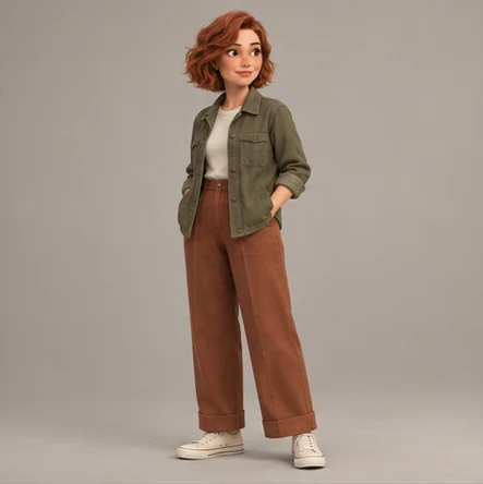 Mara character reference — three-quarter full-body view