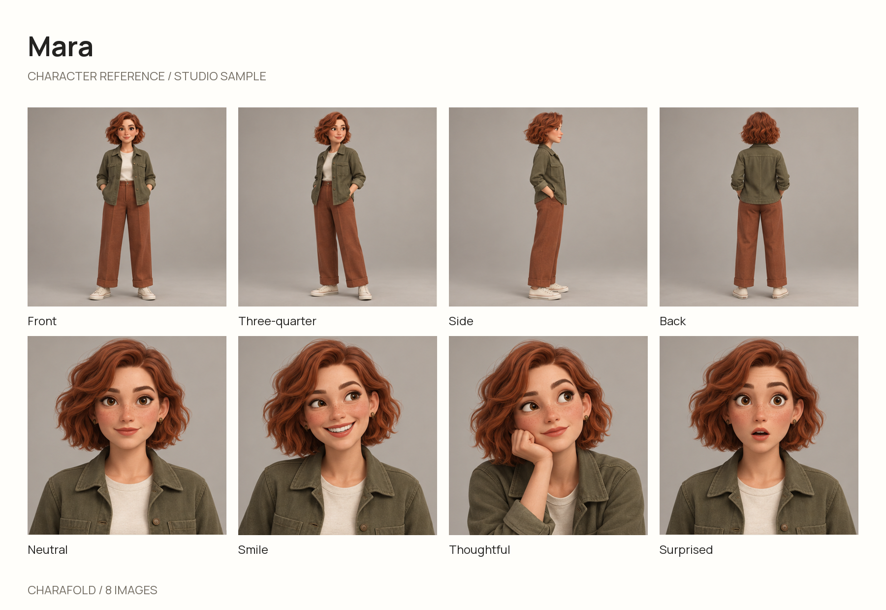 Mara studio sample with front, three-quarter, side and back body views above four facial expressions