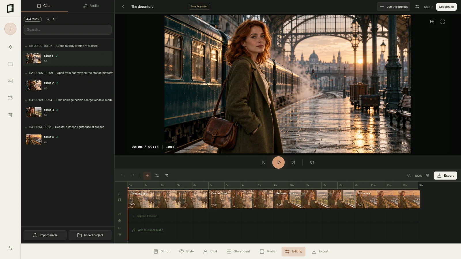 CharaFold editor showing a cinematic storyboard, shot library and editable sequence timeline