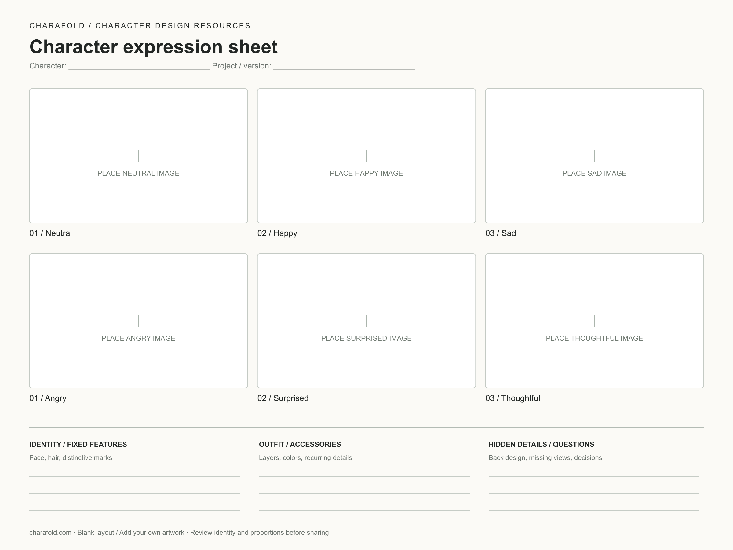 Blank six-expression sheet template with labeled image panels and character detail fields