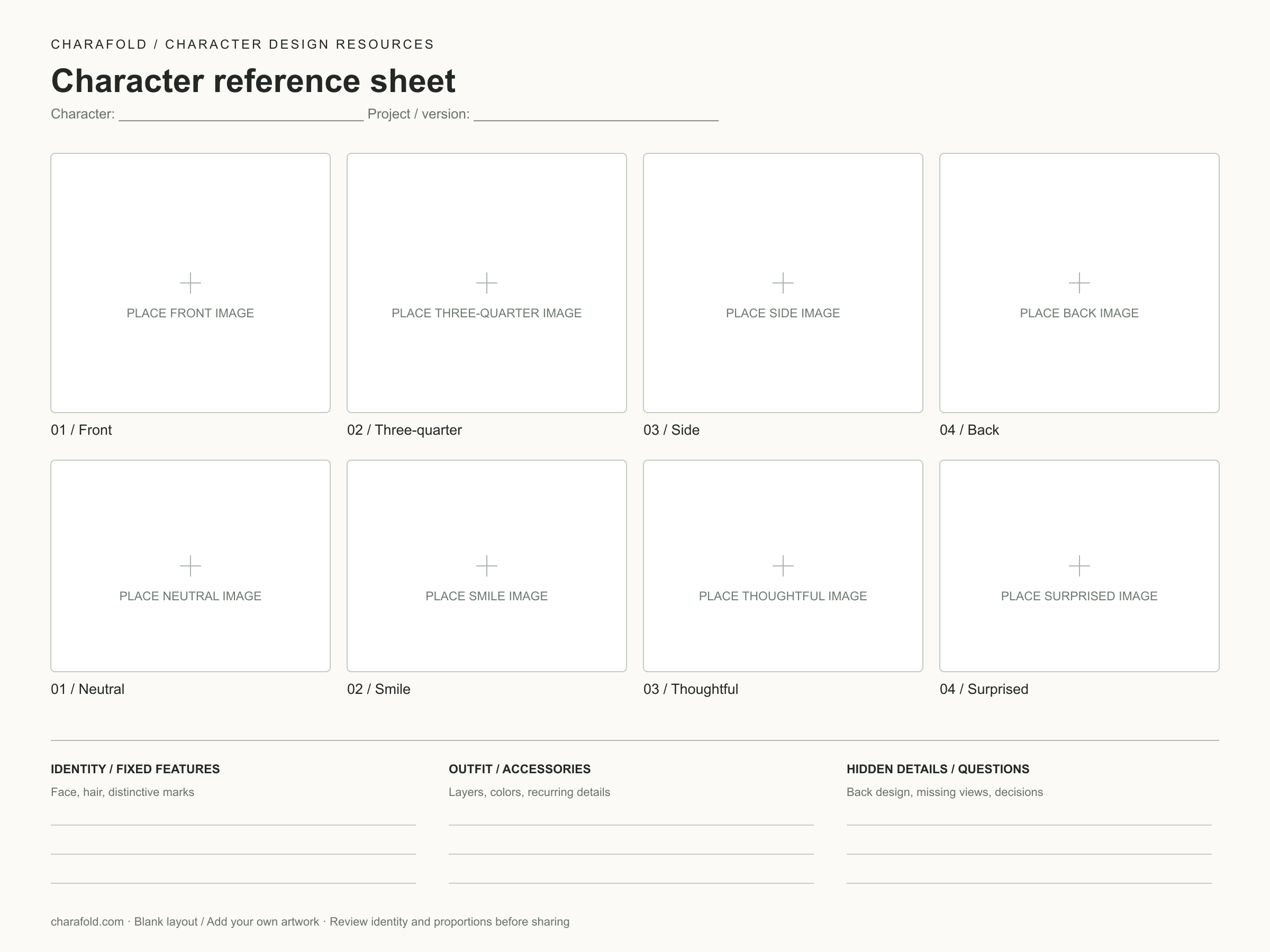 Blank complete reference sheet template with labeled image panels and character detail fields