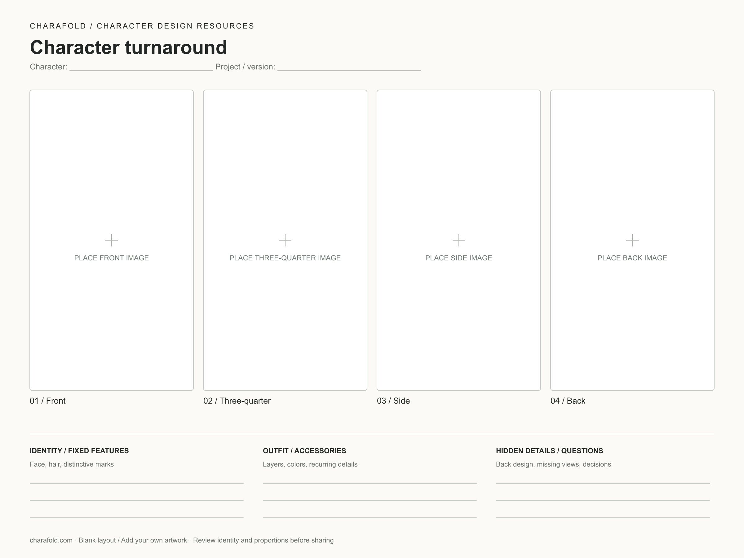 Blank four-view turnaround template with labeled image panels and character detail fields