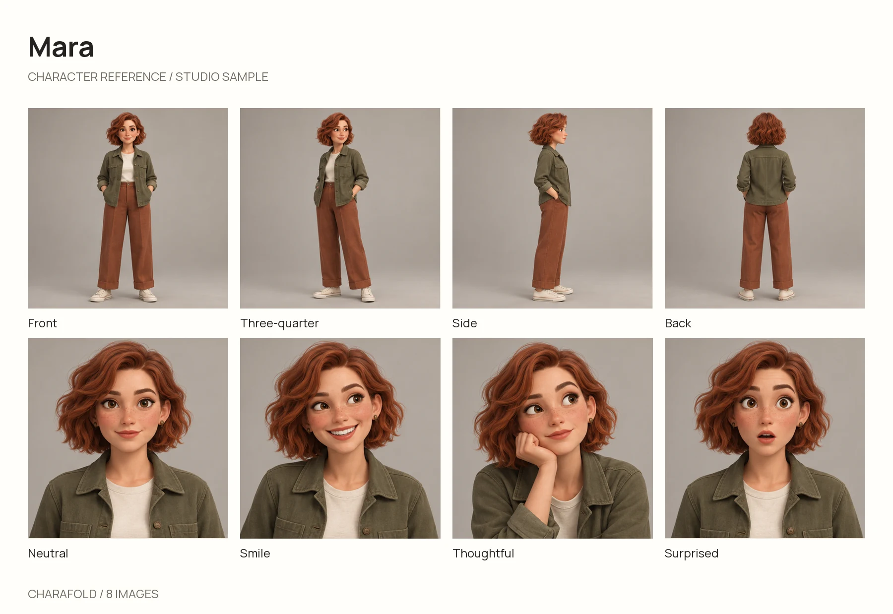 Mara studio OC reference layout: four labeled body views and four expression portraits
